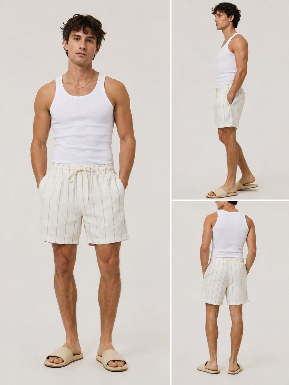 Denim & Flower Cream and Tan Striped Drawstring Shorts